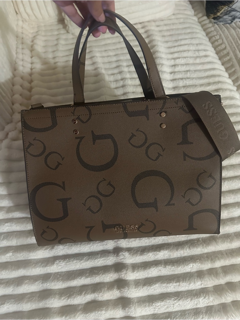GUESS Brown/Tan Logo Satchel with Detachable Strap
